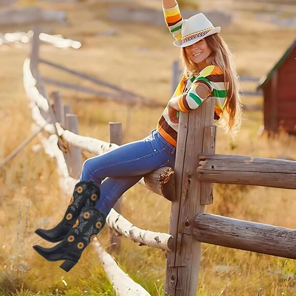 Nzzoo Western Boots Women Black Cowboy Wide Mid Calf Cowgirl Shoes - Picture 6 of 7